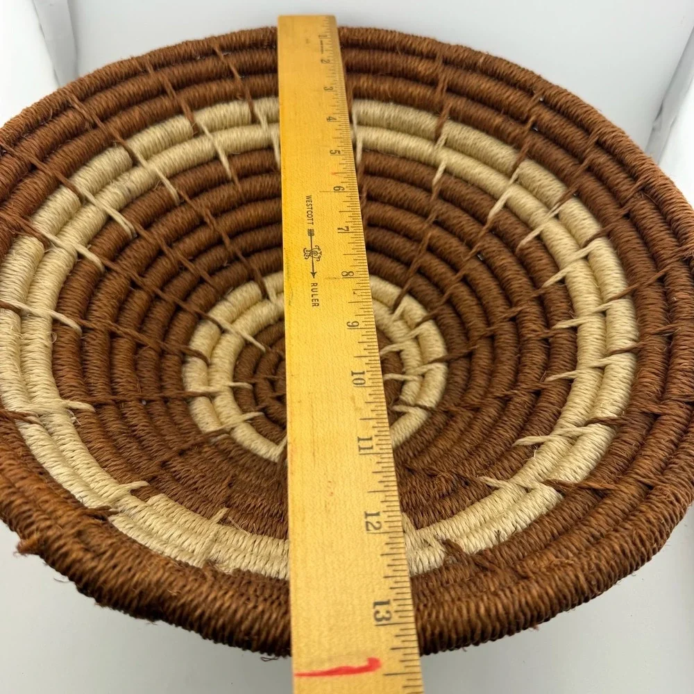 Handwoven Coiled Basket Bowl Brown Cream Boho Wall Decor Excellent
